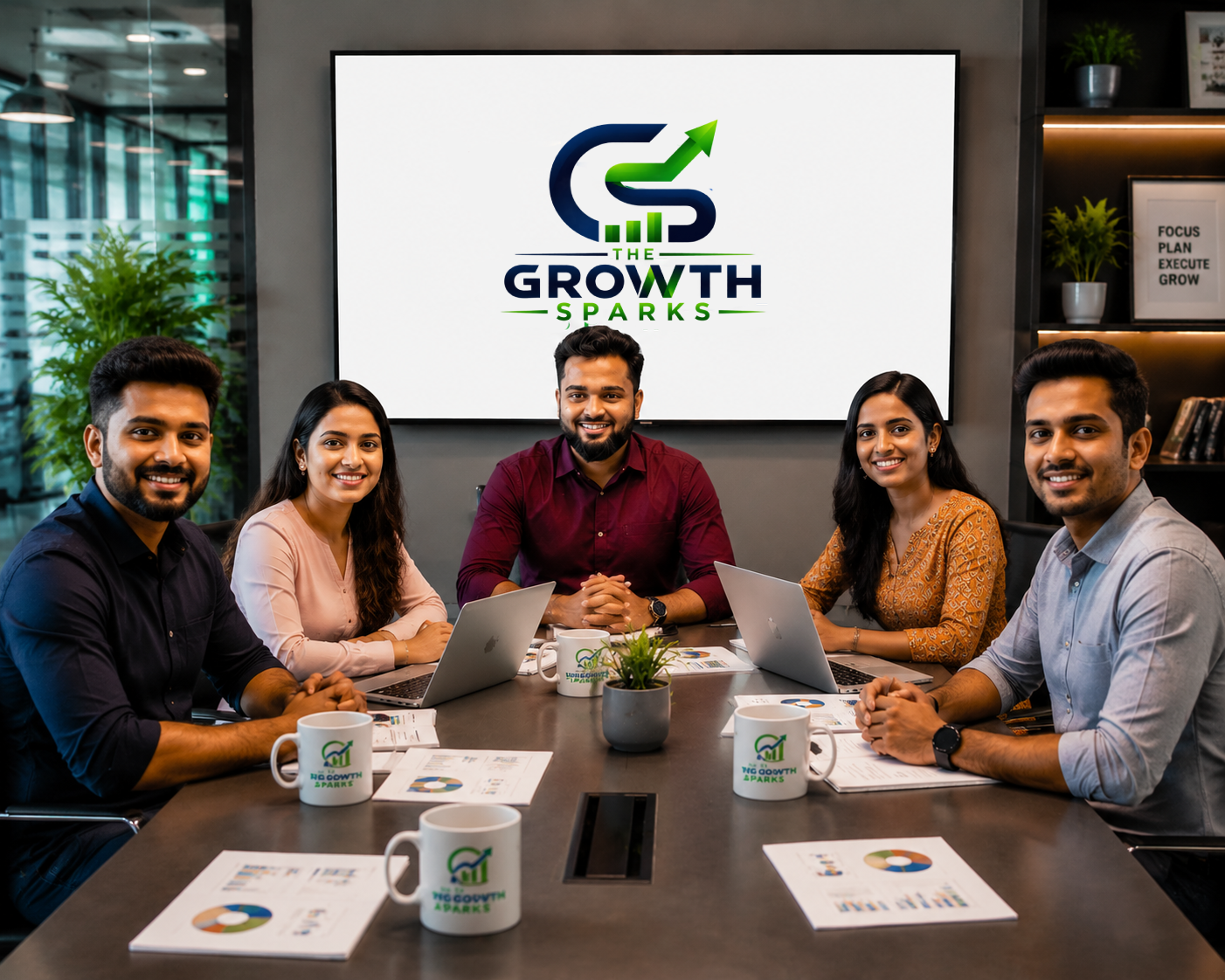The Growth Sparks team seated in a conference room with the agency logo on screen