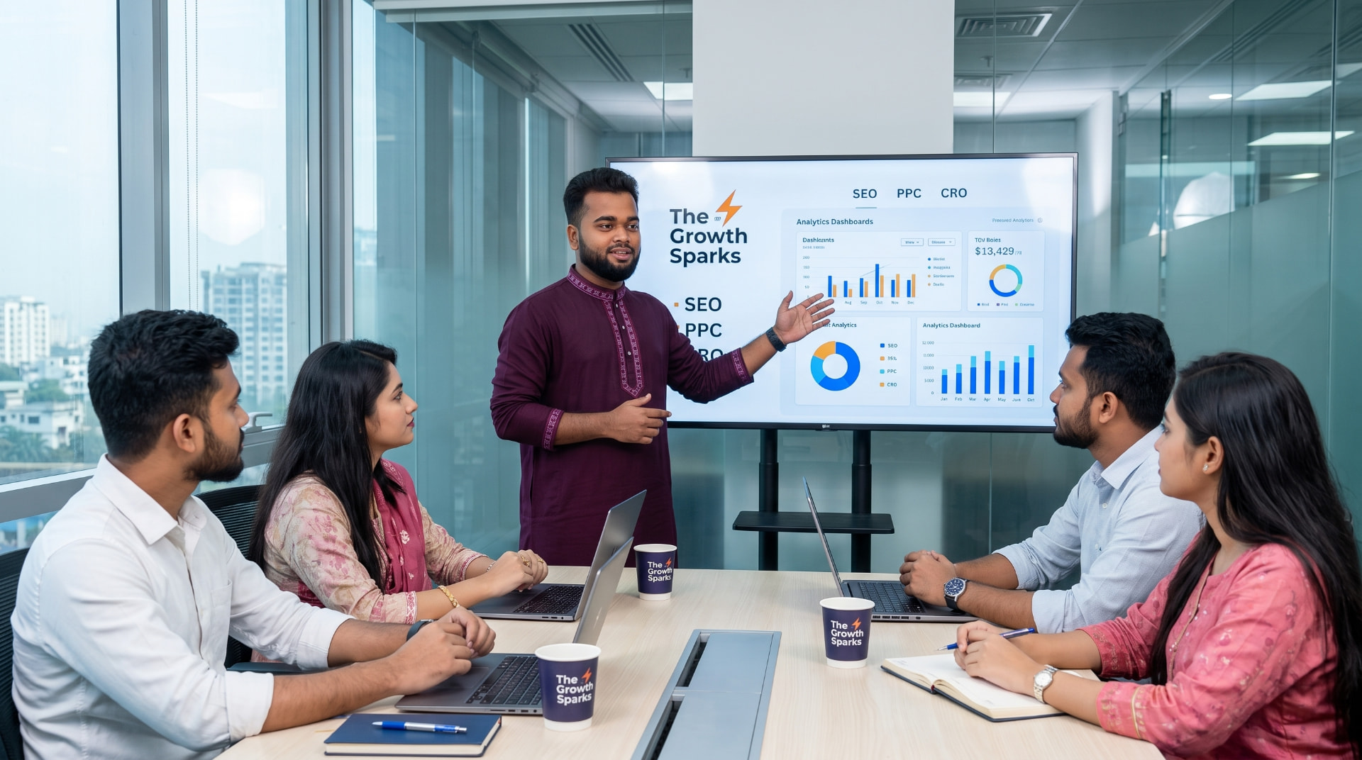 The Growth Sparks strategist presenting the SEO, PPC and CRO workflow to the team