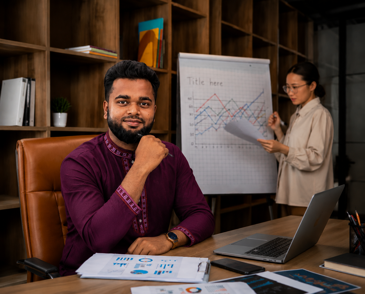 The Growth Sparks consultant reviewing marketing performance reports during a client consultation