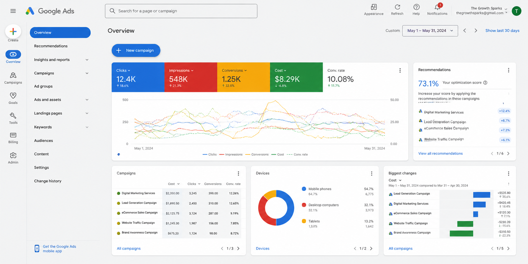 Google Ads overview dashboard showing clicks, impressions, conversions and cost performance
