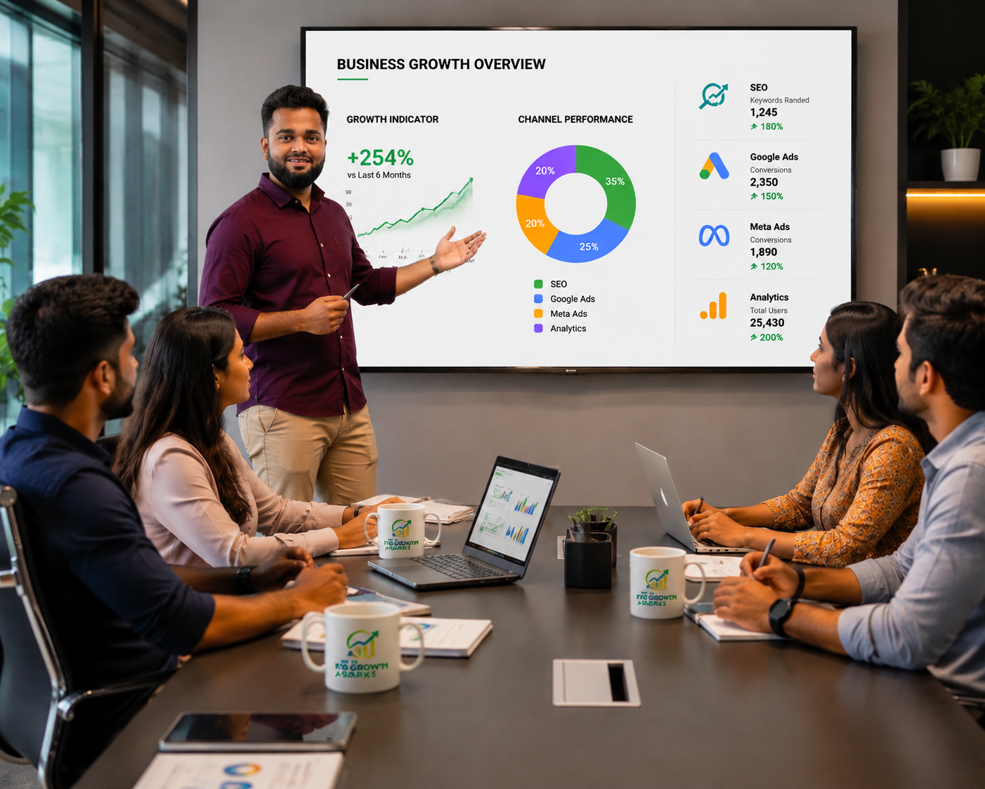 The Growth Sparks team presenting a business growth overview dashboard with SEO, Google Ads, Meta Ads and analytics performance