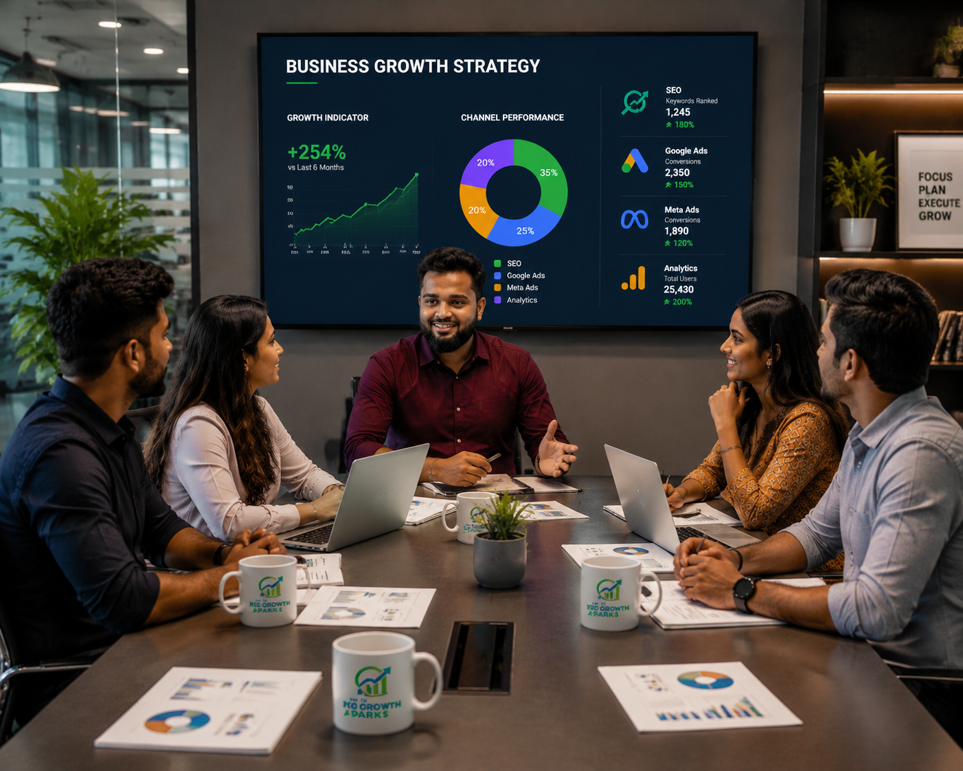 Business growth strategy dashboard shown to The Growth Sparks team during a strategy session